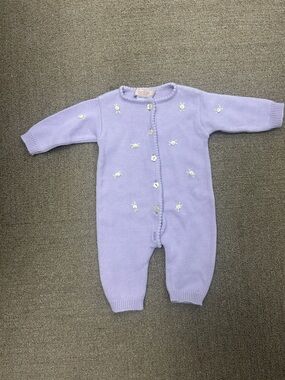 Bellini Vintage Lavender Knit Baby Footed One-Piece with Floral Embroidery Italy